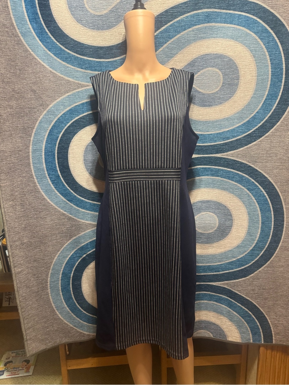 Allegra K Navy and White Pinstripe Sheath Dress